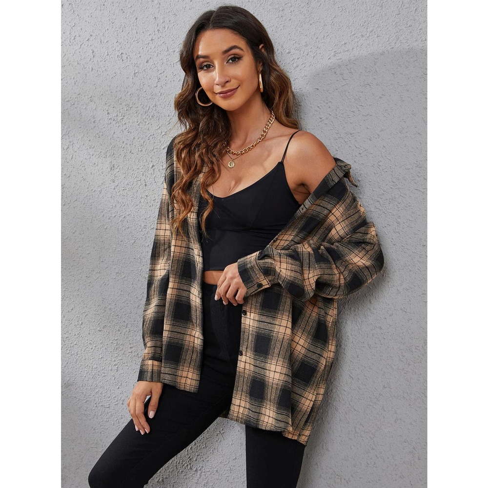 Preppy Plaid Print oversized long sleeve button up Shirt - Picture 3 of 11
